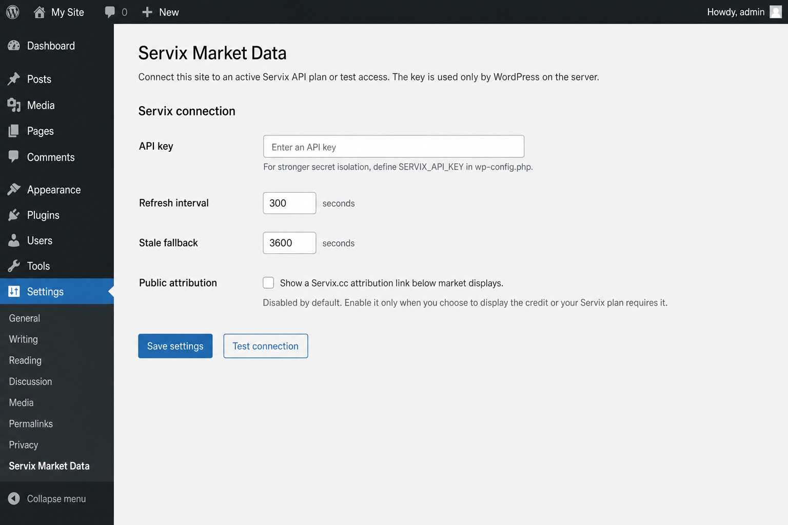 صفحه تنظیمات افزونه Servix Market Data در وردپرس